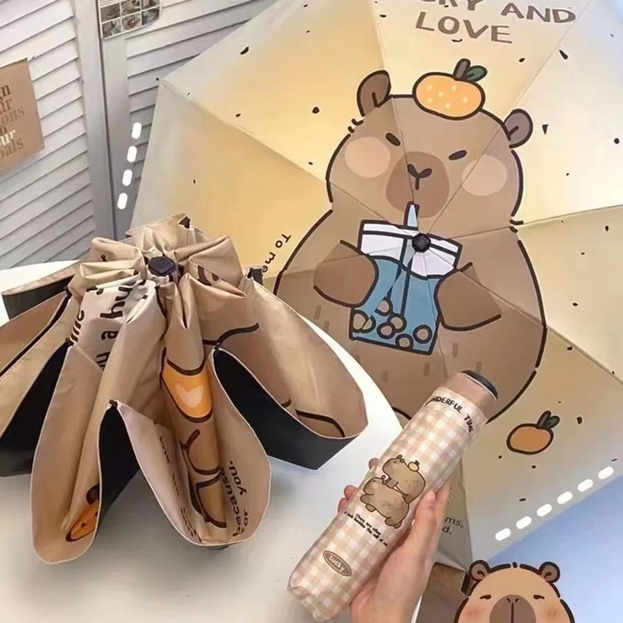 Capybara Cute Cartoon Design Automatic Umbrella Windproof Uv Protect Umbrella Girl Sunny And Rainy Folding Umbrel