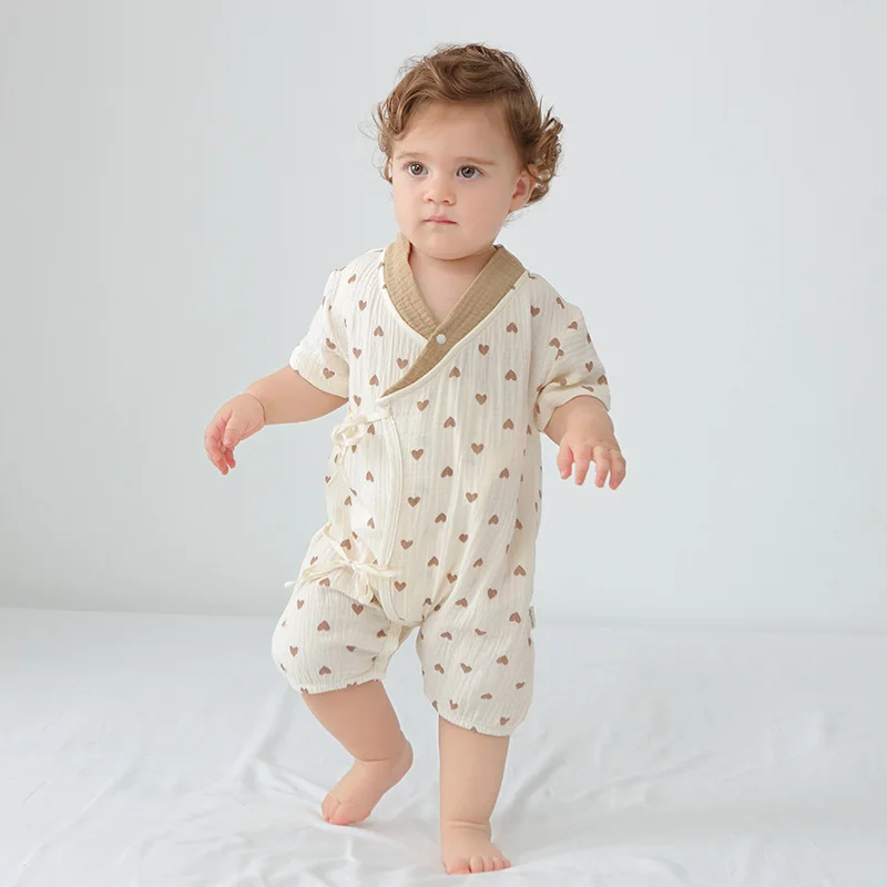 Summer Newborn Infant Toddlers Boys Girls Cartoon Thin Short Sleeve Pajamas Muslin Cotton Clothes Baby Rompers