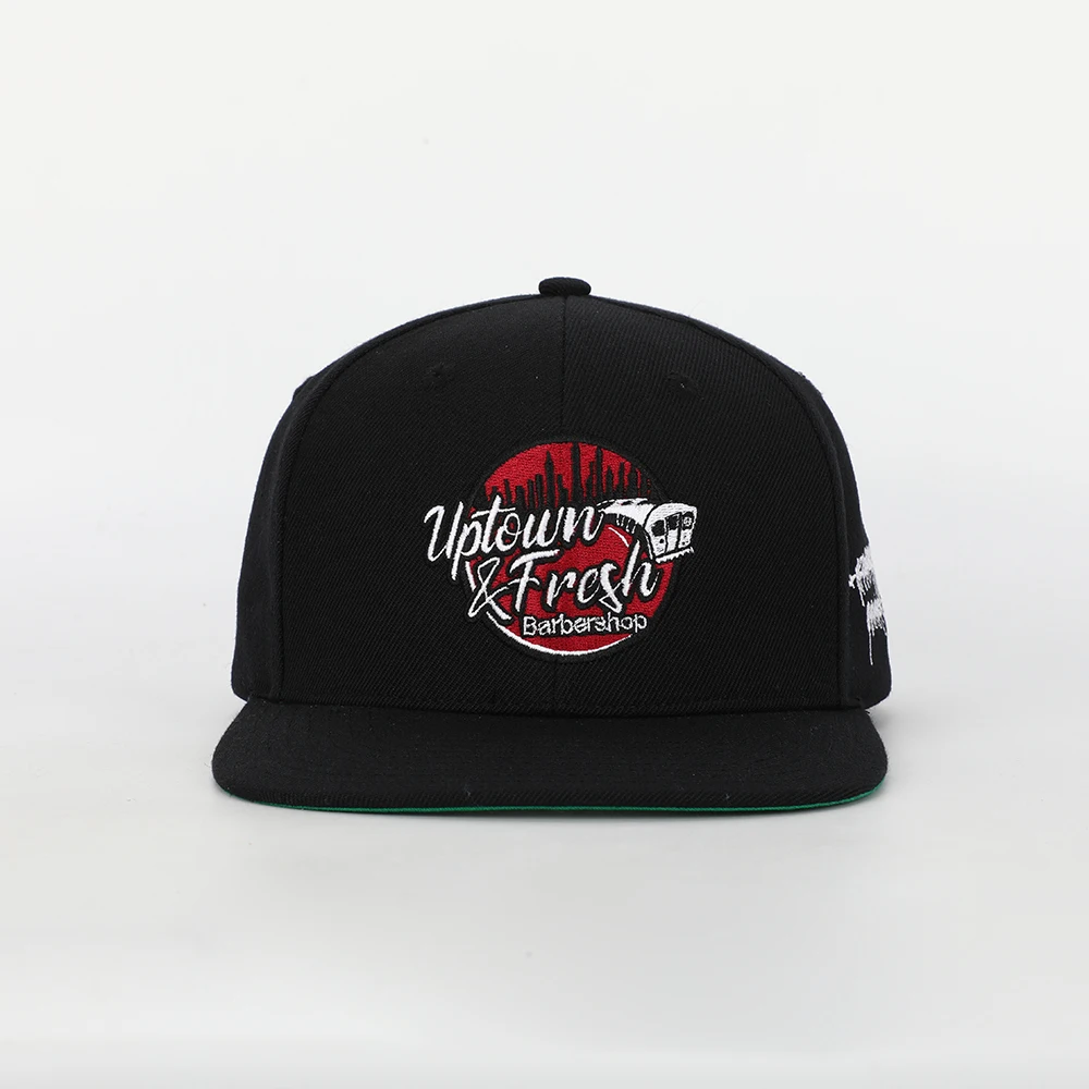 Oem Custom High Quality 6 Panel Black 100% Acrylic Flat Bill Embroidery Logo Hip Hop Green Underbrim Gorras Snapback Hat Cap