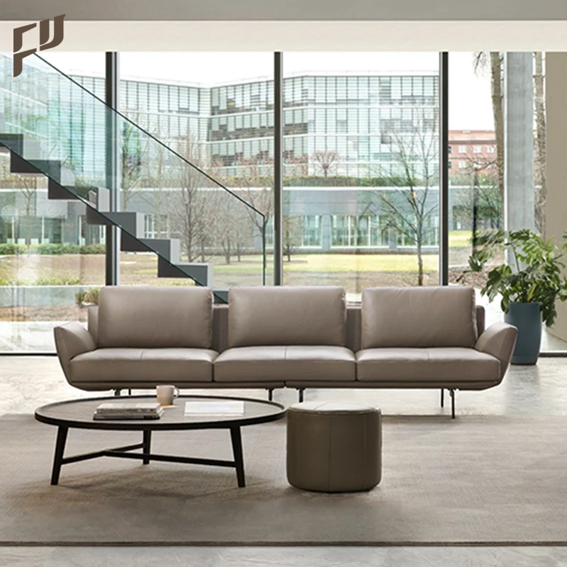 Wholesale Discount Living Room Couch I Shaped Modular Deep Wide Comfortable 4 seater Modern Grey Leather Sectional Sofa
