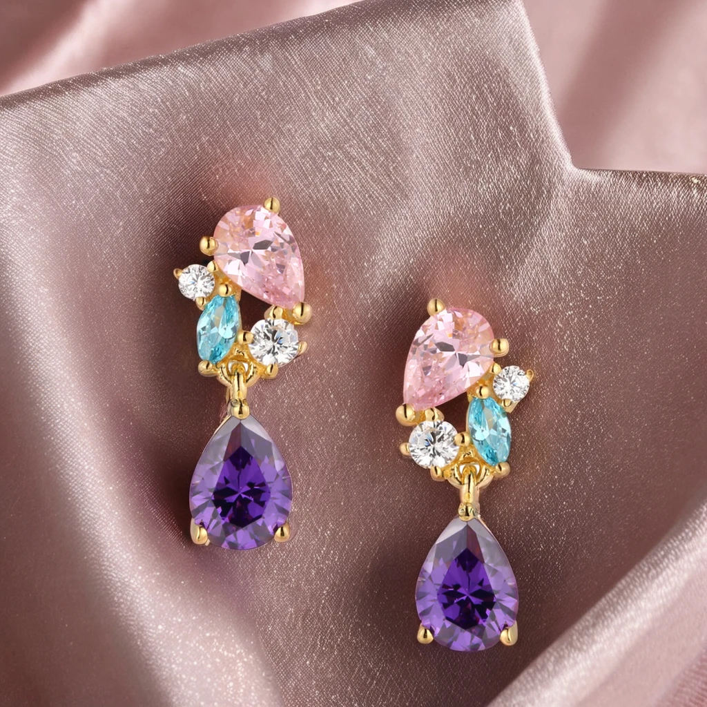 Grace Jewelry Noble Luxurious Big Gemstone Purple Zircon Pink Stone Gold Plated 925 Silver Fashion Jewelry Luxury Women Earrings