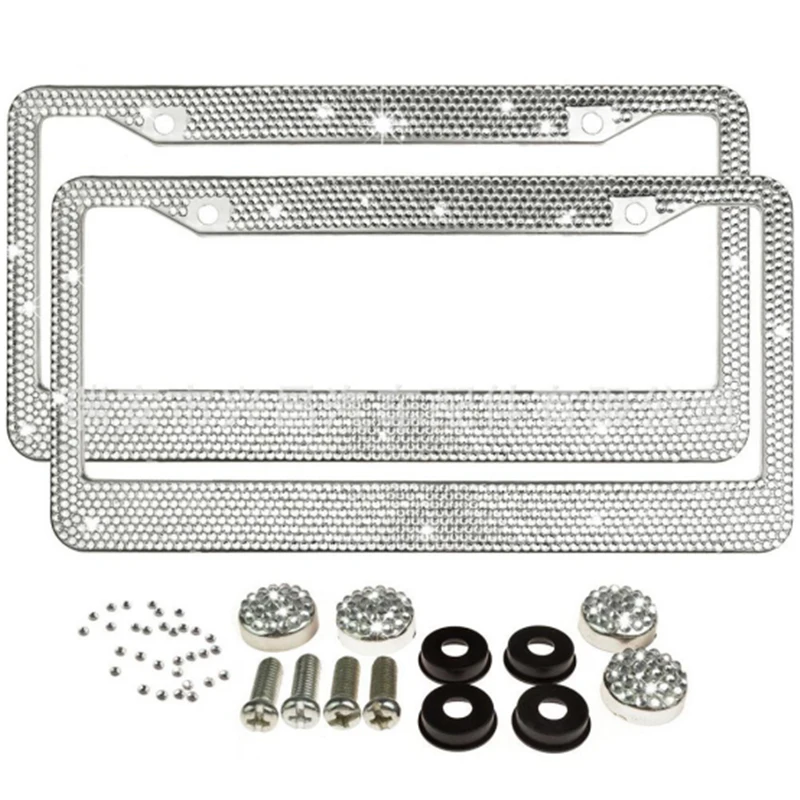 
Car License Plate Luxury Handcrafted Bling Shimmer Row Rhinestone Trim Stainless Steel License Plate Frame 