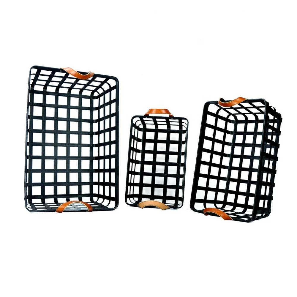 IVYDECO Set of 3 Antique Metal Storage Baskets Vintage with Leather Handles Industrial Handcraft Black Neatening/storage Baskets