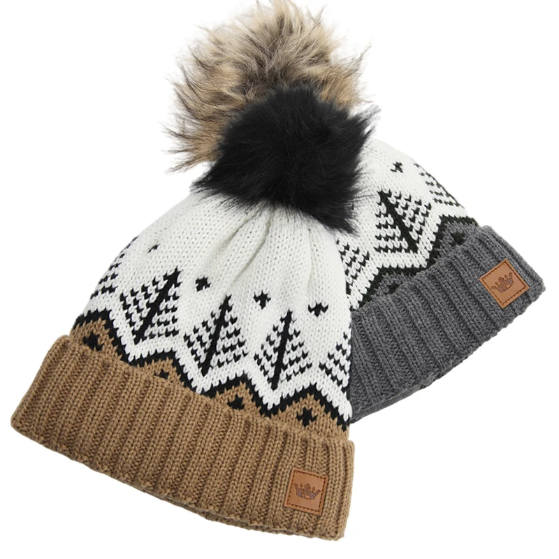 Women Winter Fashion Custom 100% Acrylic Knit Cap Hat Jacquard Pom Pom Beanie with Fox Fur Pompom