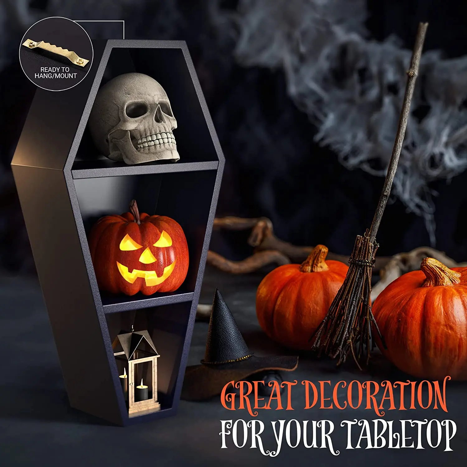 Large Wood Coffin Shelf 20x11x5 Spooky Gothic Decor for Bathroom   Living Room or Bedroom- Black -  Comes Fully Assembled