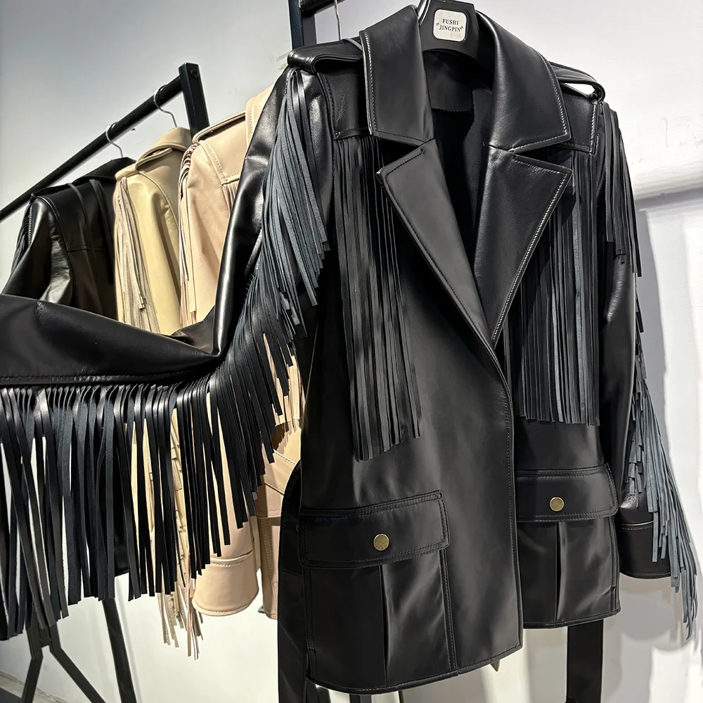 2024 Autumn Fashion streetwear tassel leather jackets genuine sheepskin leather blazer jacket woman leather jacket with fringes