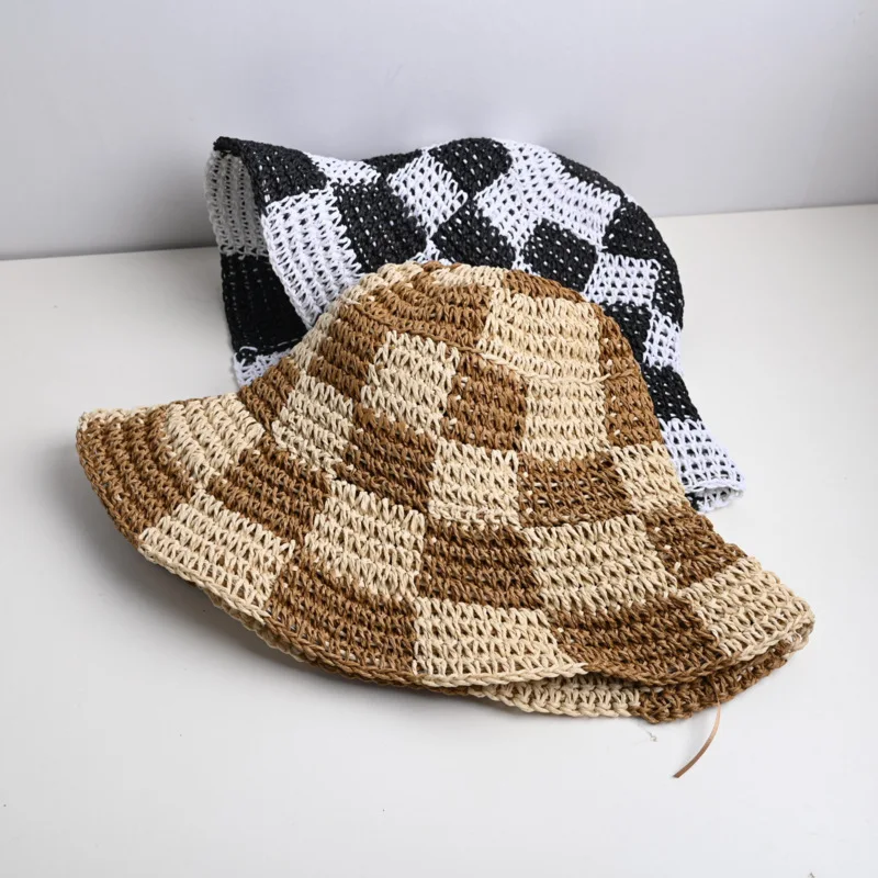 Handmade Breathable Travel Beach Protection Sun Crochet Bucket Hat Ladies Plaid Womens Straw Hats For Men