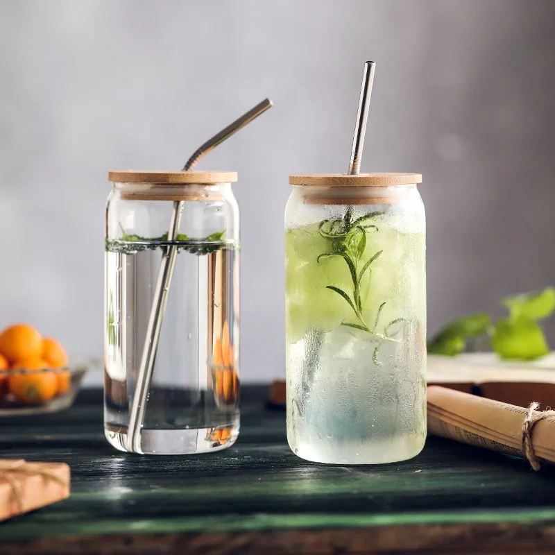 Clear hot selling Large 500ml 16oz Can Shaped Containers Bamboo Lid Cola Beer Glass Cup with Straw