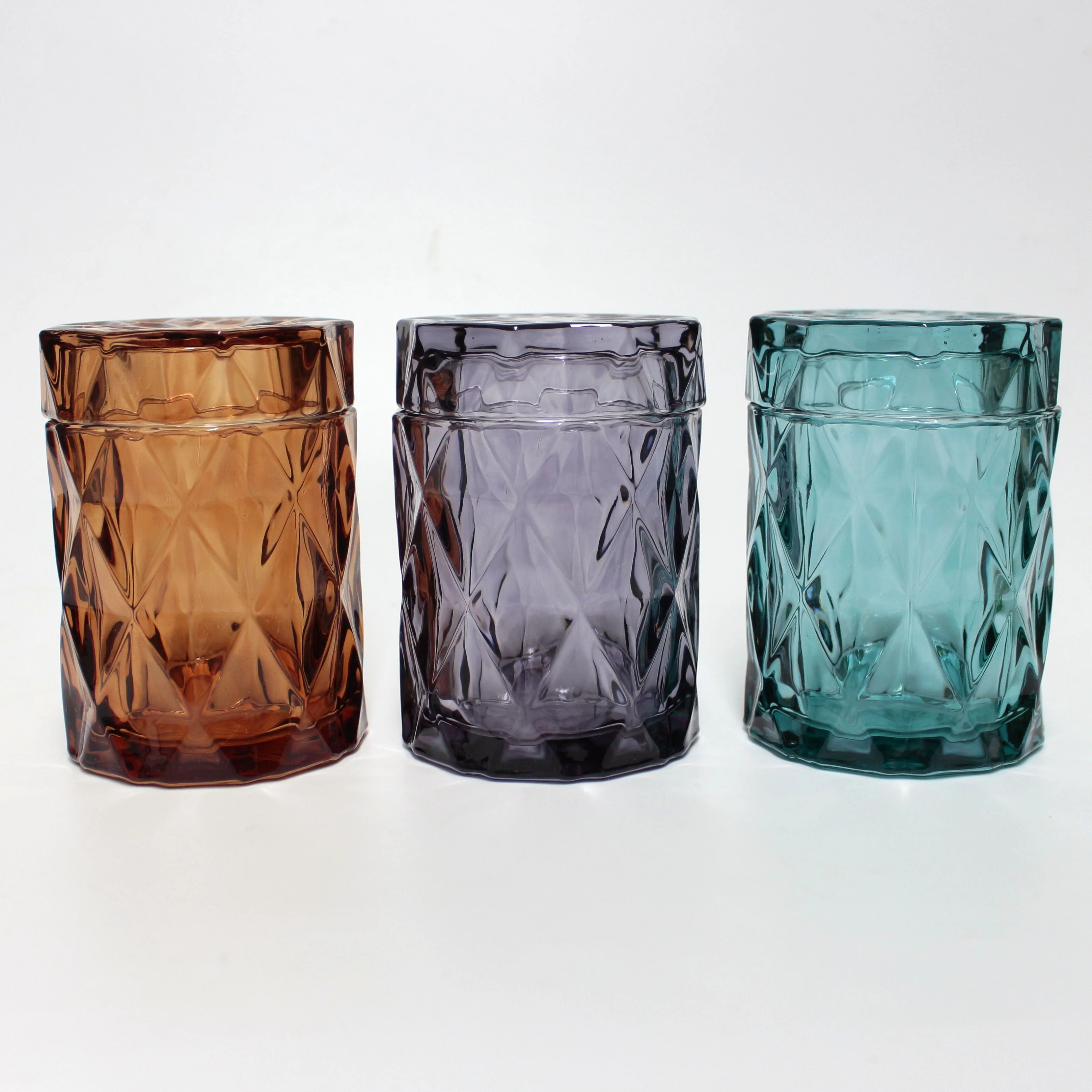 FENGJUN textured prism fluted translucent empty unique iridescent embossed glass candle jar with glass lids for candle making