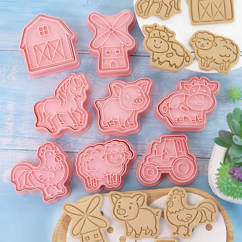 8PCS Cookie Cutters Plastic 3D Animals Dinosaur Cat Dog Fish Cartoon Biscuit Mold