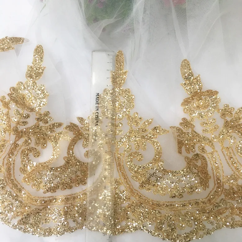 fashion wedding dress white lace fabric beaded sequins trimming embroidery for bridal