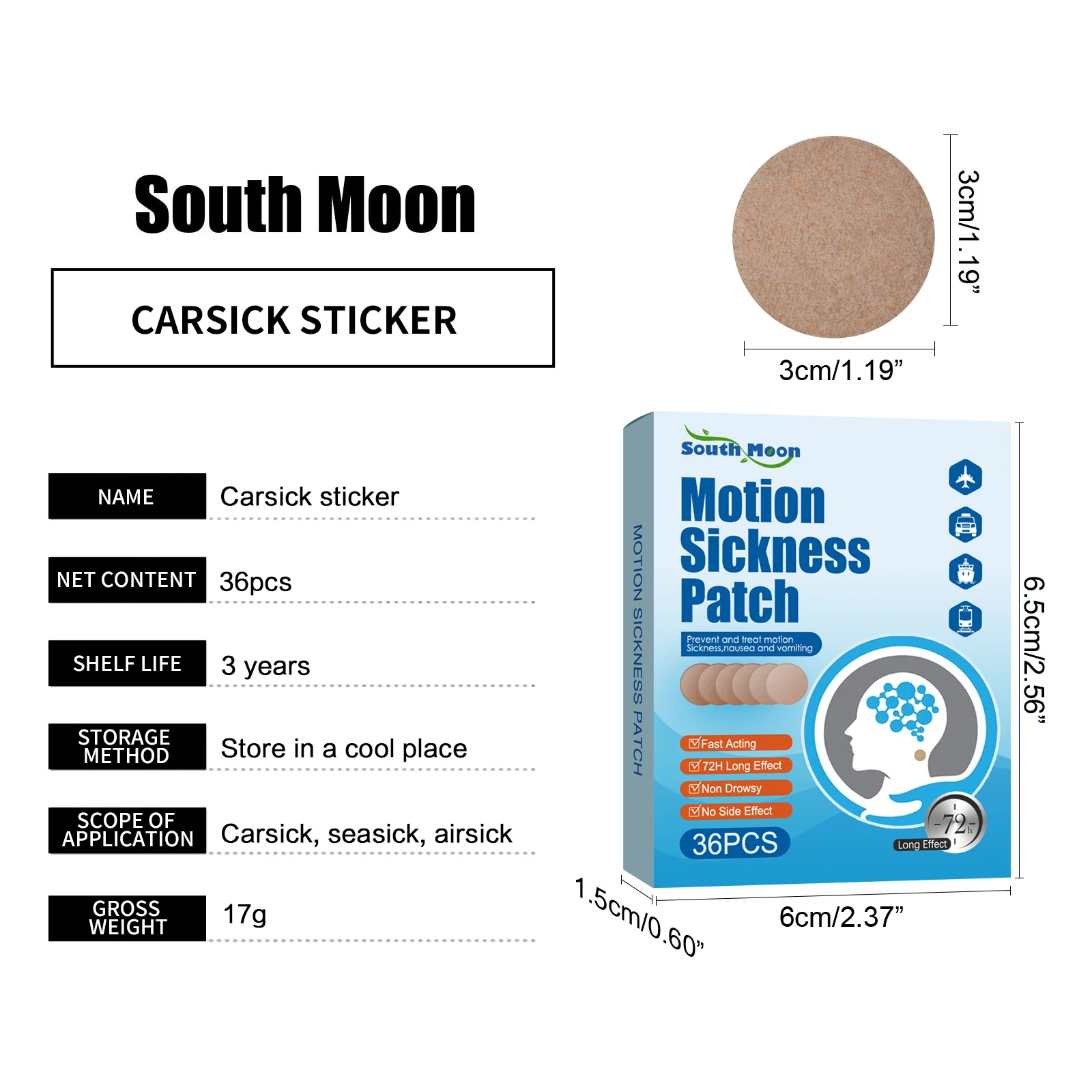 South Moon Motion Patch Car Sickness Motion Sickness Patch Relief Plaster Headache Sticker For Travel Nausea Dizzy Vomiting