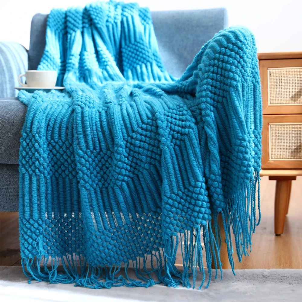 Nordic Multicolor Knitted Blanket Bedtail Sofa Air conditioning Scarves and Shawls with tassels