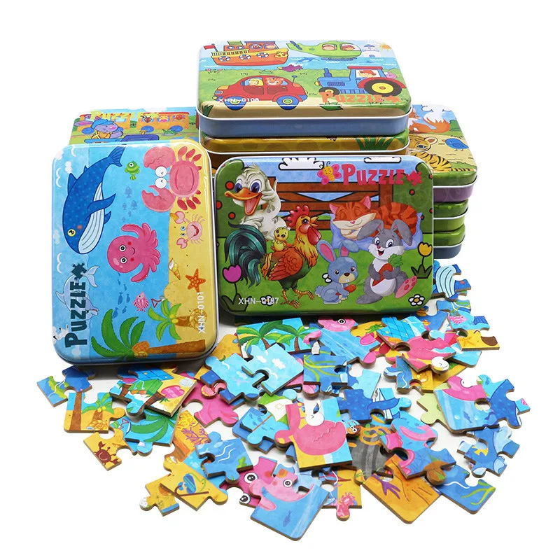 Wholesale  4 in 1 Wooden Metal Box Educational Toys Jigsaw Puzzle Game