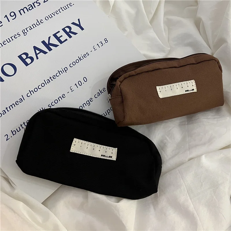 Simple Casual Ruler Solid Color Pen Bag Kids School Pencil Bag Wholesale Gift Cheap Small Students Canvas Stationery Storage Bag