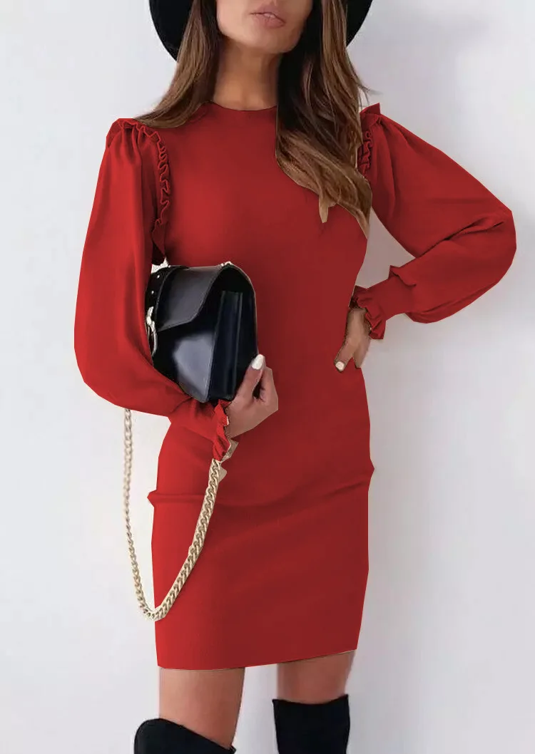 Solid color O neck draped ruffle skirt 2021 falbala frill career wear midi office dress lady plus size