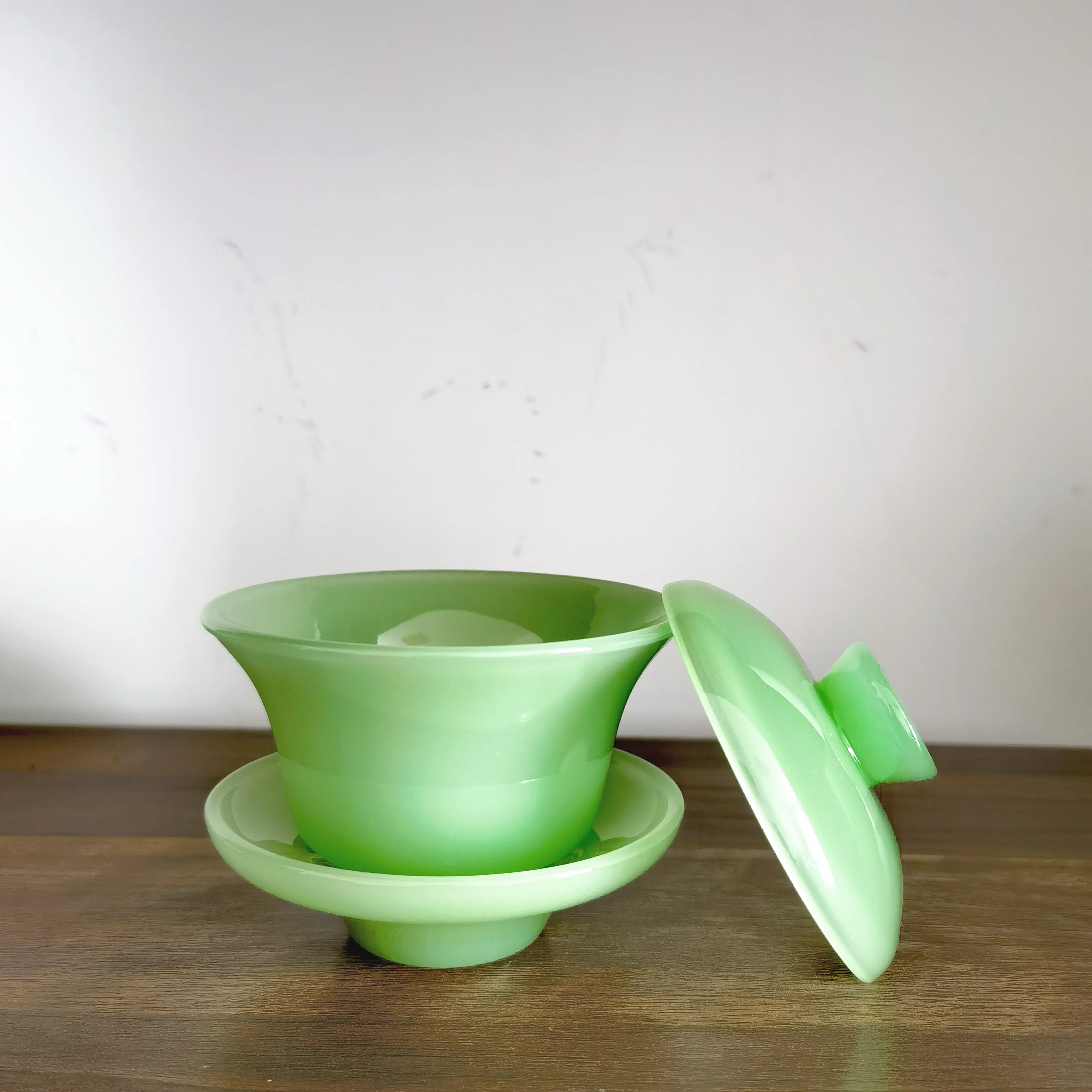 custom logo dishwasher safe green white jade opal tea glass cup with saucer set glass coffee cup