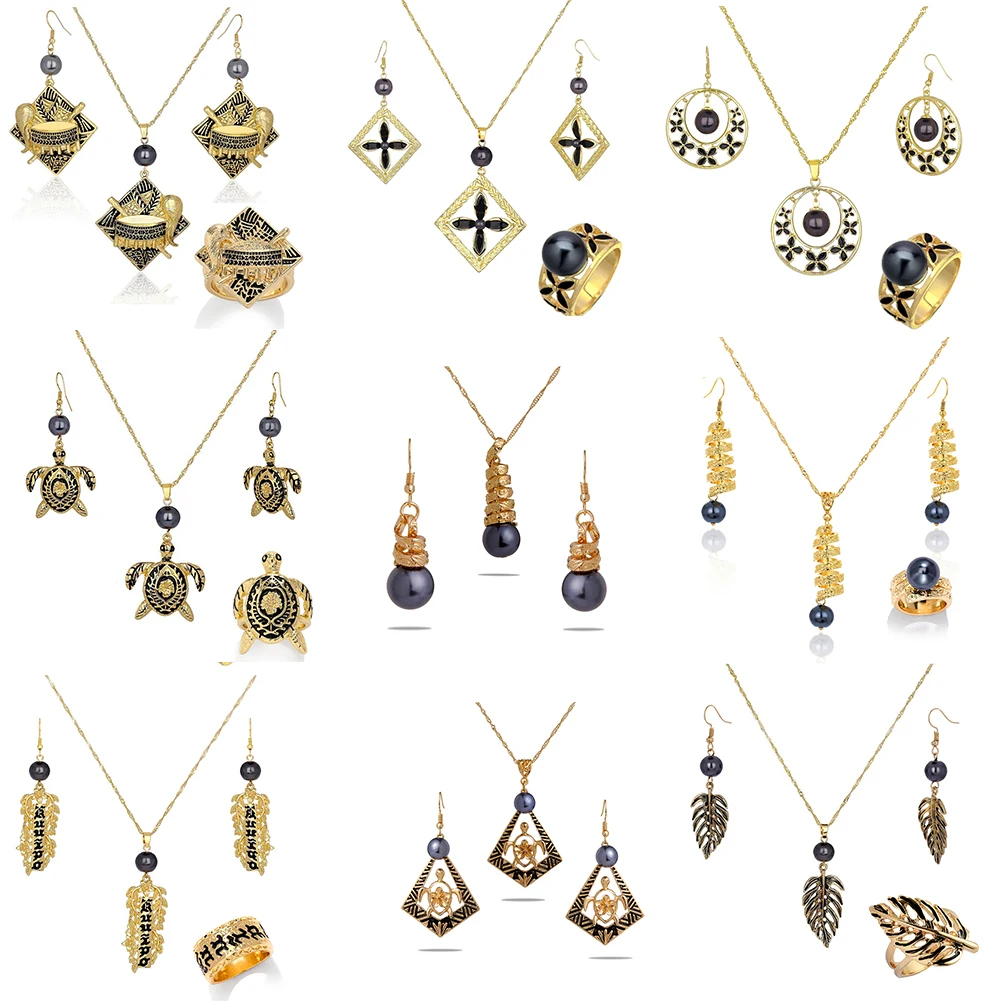 
SophiaXuan Wholesale Pearl Jewelry Set Gold Plated Long Leaf Shaped Pendant Women Hawaiian Jewelry Set 