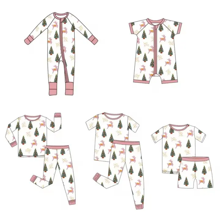 Custom Print Long Sleeves Bamboo Rompers With Zipper Soft Bamboo Material Toddler Baby Pajamas For Christmas