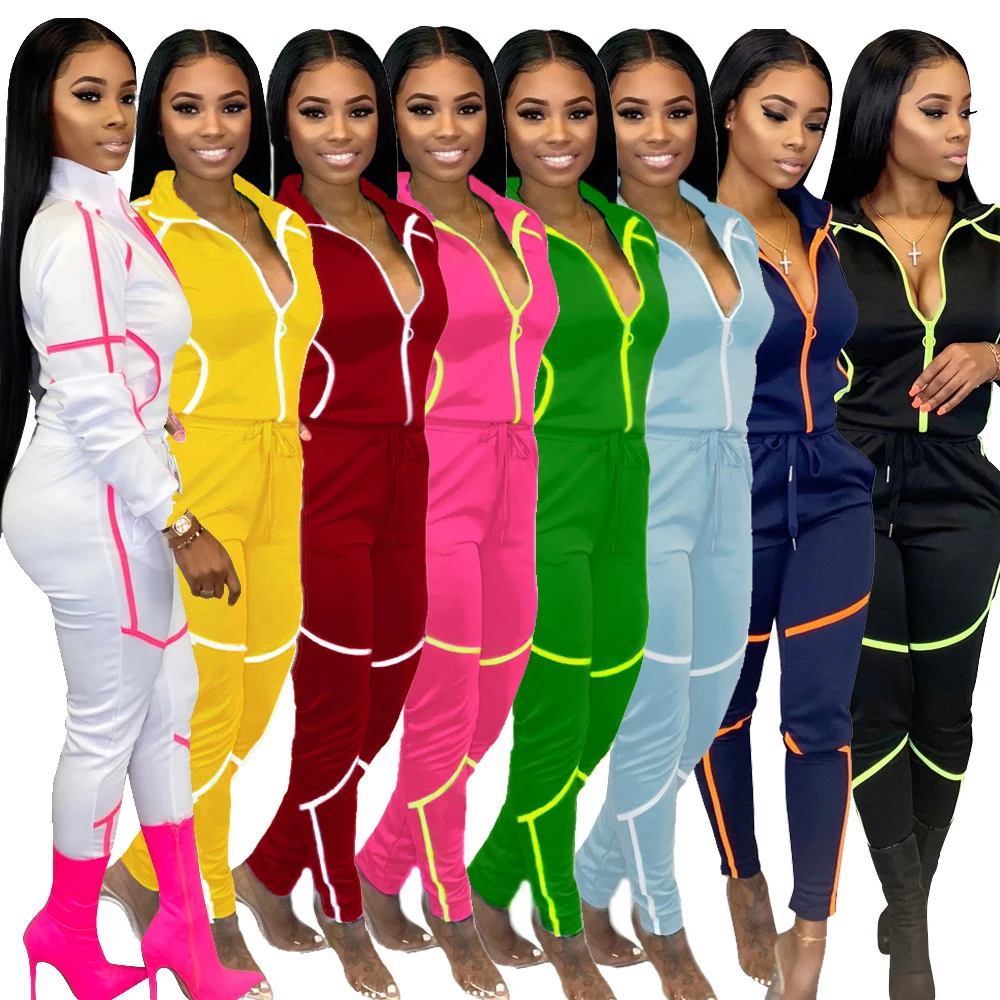 Women Fall Two Pieces Fashion Sportswear Color Block Long Sleeve  Turndown Collar Track Suits With Zippers