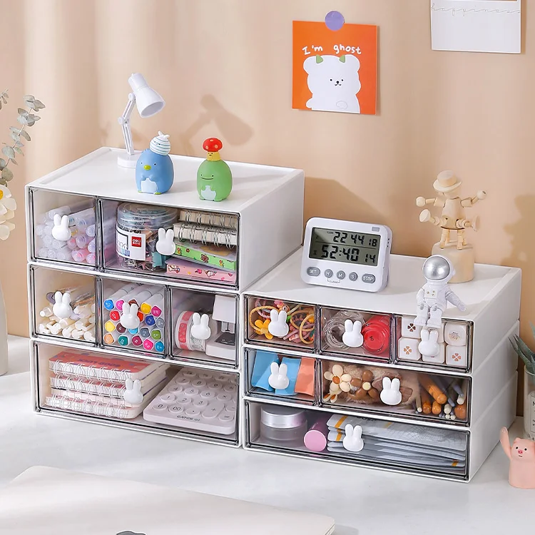 2022 new stationery office supplies transparent drawer white stackable storage box desk organizer