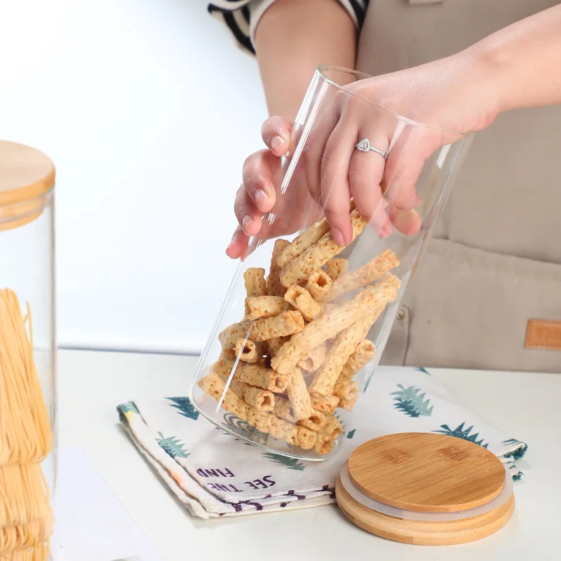 Set of 3 60oz Round Food Storage glass Container Jar with Sealing Bamboo Lid for Noodles Flour Cereal Rice Sugar Tea Coffee