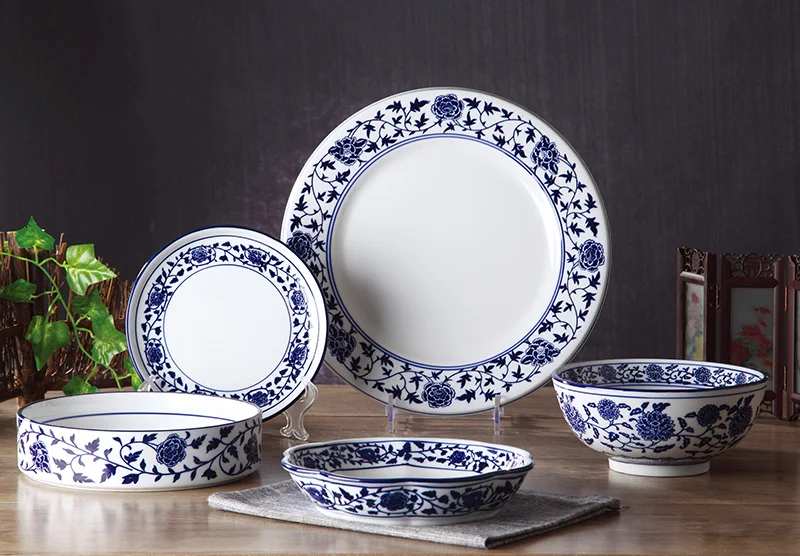 Chinese Blue And White Porcelain Banquet Dinnerware Sets Antique Pattern Ceramic Dinner Plate Set