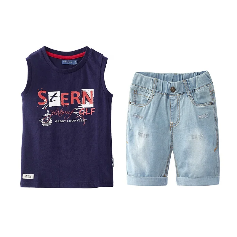 
Gabby Loop Kids Boys Sets Cool Letters Dark Vest T-Shirt Child Two Piece Jean Short Set 