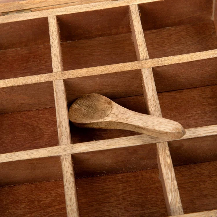 handmade square wood shadow wooden masala spice compartment storage craft box for kitchen