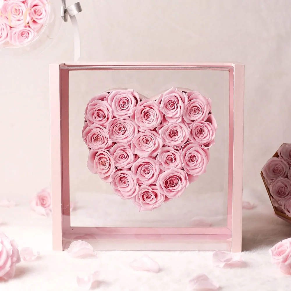 INUNION Lovely Immortal Fleur Preserved Roses In acrylic Box Forever Love Rose Christmas Gift Mom Preserved Flowers