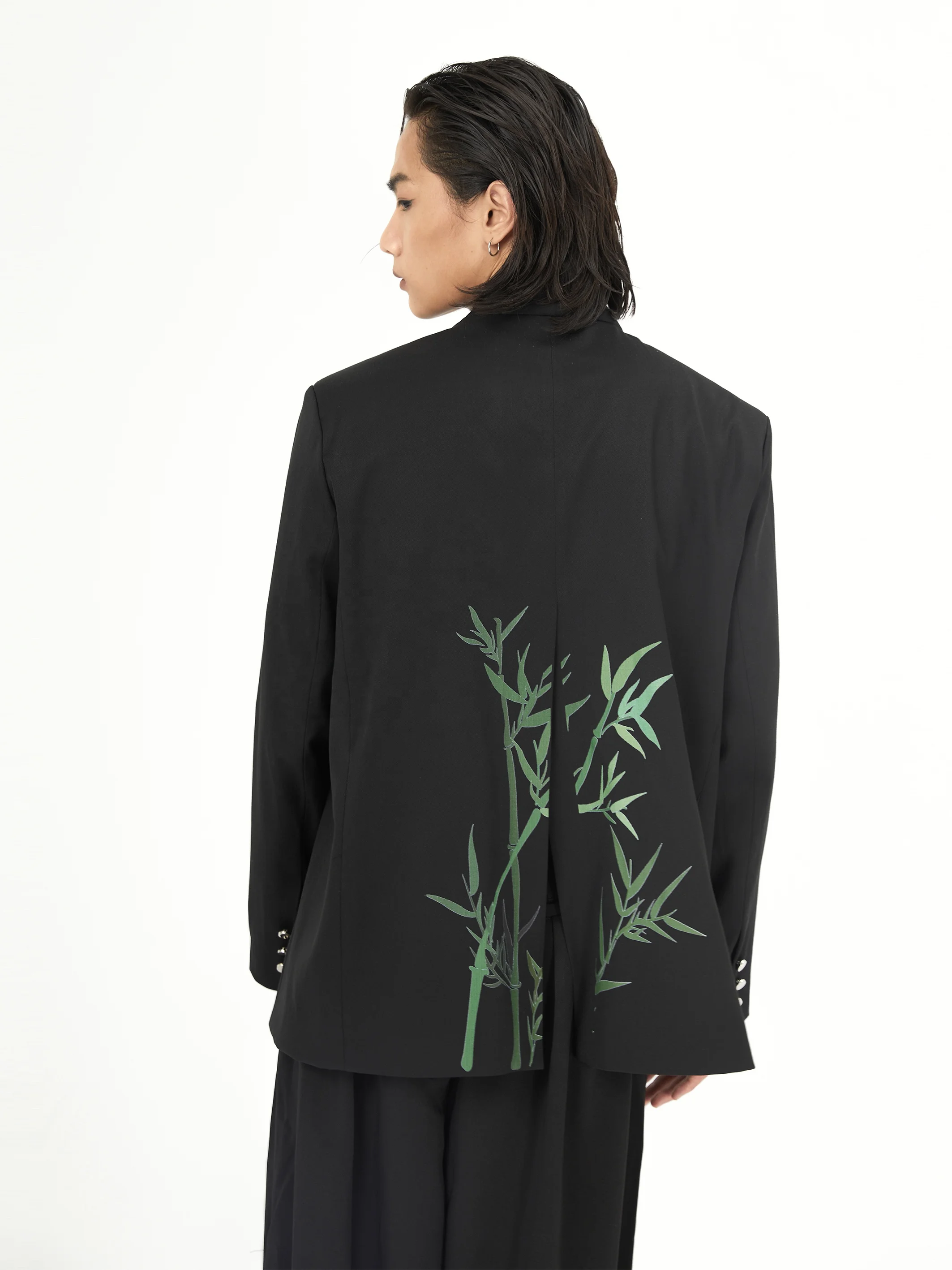 Bamboo leaf print metal horn buckle retro new Chinese style stand-up collar suit