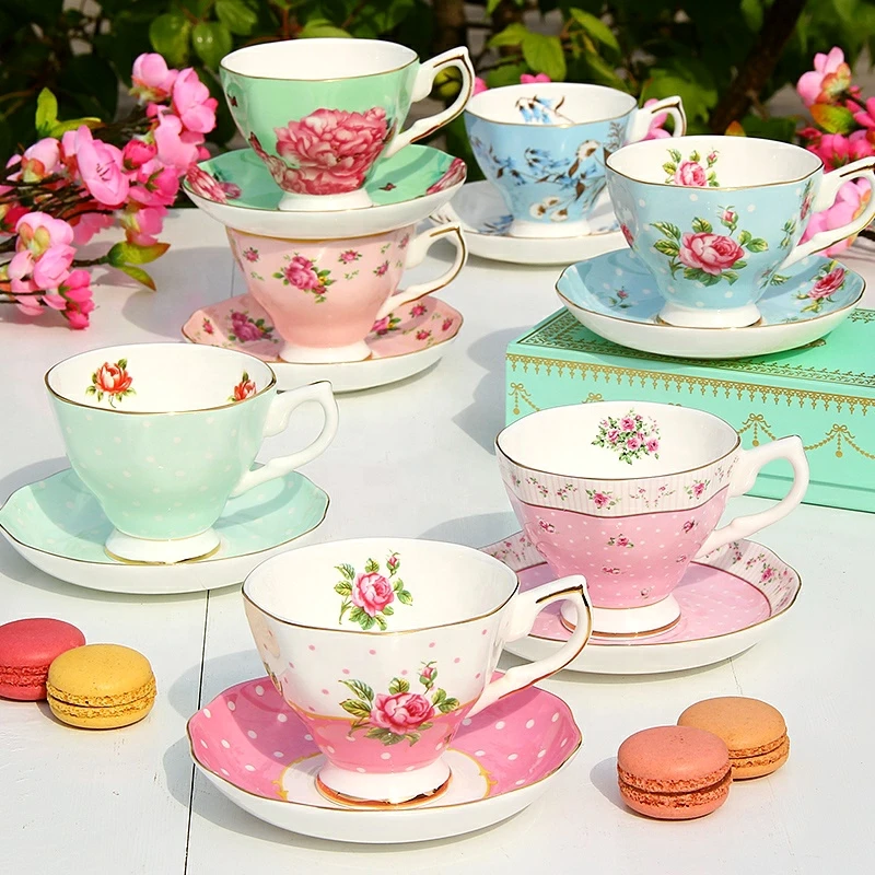 Luxury Thin Delicate Translucent Light Weight Bone China Floral Ceramic Tea Cup And Saucer Set