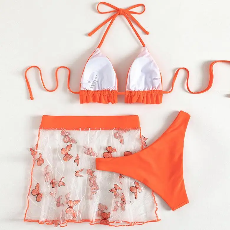 JUST ARRIVALS STOCK Orange Triangle Top 3Pieces Swim Suits Sexi Ladies Bikini Set Mini Beach Skirt