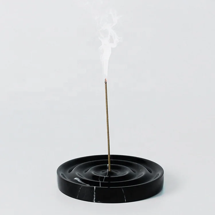 Custom Luxury Modern Round Water Ripple Natural Stone Black Marble Incense Stick Burner Holder For Home Decoration