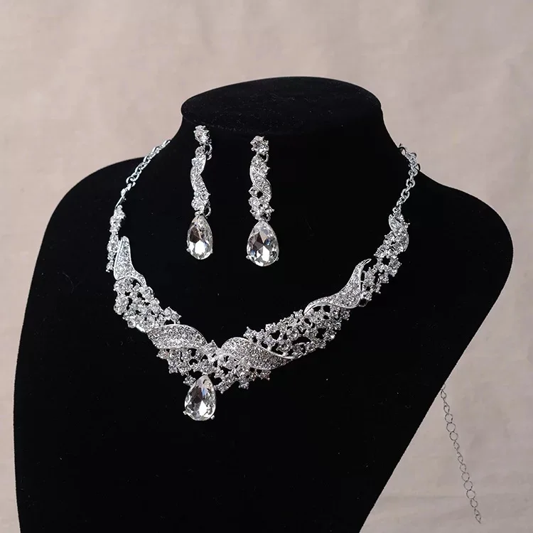 Elegance Shiny bride Dress lady  Diamond Necklaces Earrings Two piece Set