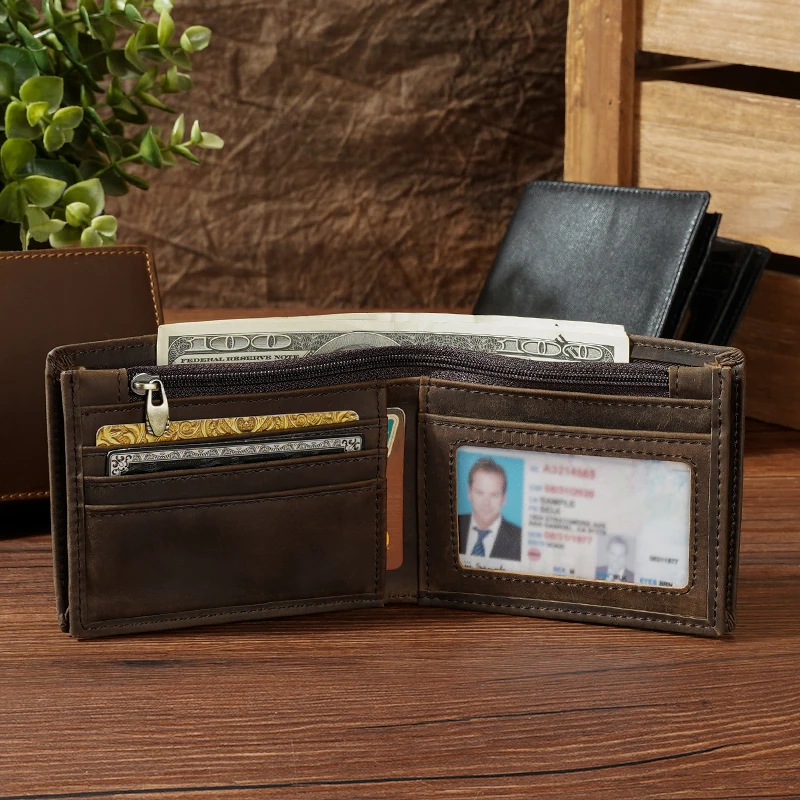 Hot Sale Drop Shipping Custom Logo Black Cowhide Genuine Leather Men Two-fold Leather Wallet With  RFID Blocking