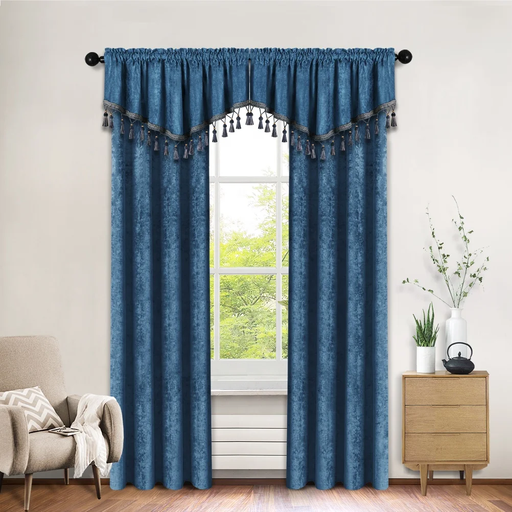 Modern Chenille Solid Curtains Fabric with Attach Valance for Living Room Window Pelmet Ready Made for Kitchen