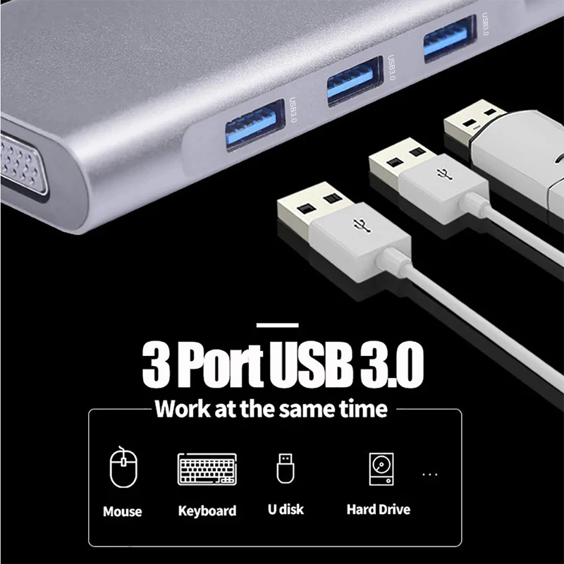 Multiport Adapter 10 in 1 Hub Type C USB C Hub VGA RJ45 Ethernet Audio PD Charger Compatible for MacBook Pro XPS Type C Devices