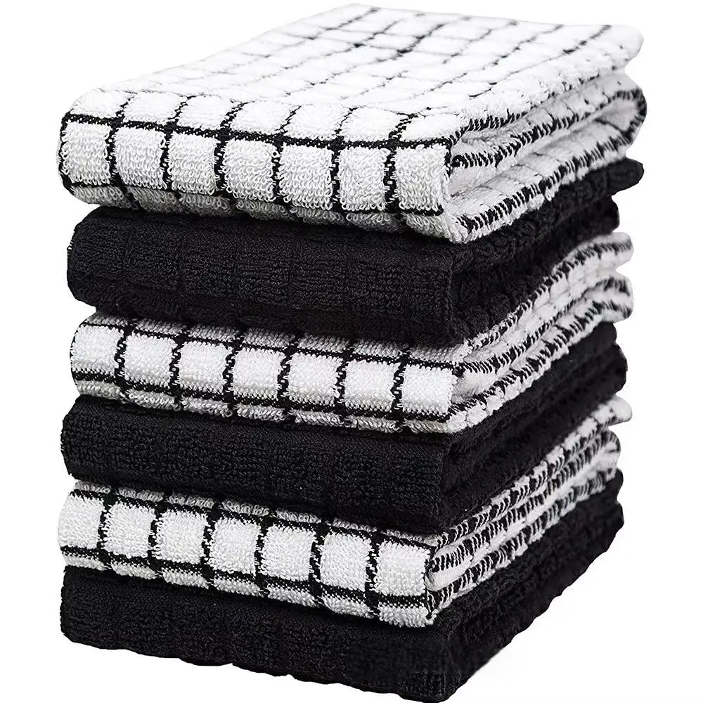 Small Checked White Black Embroidered Waffle 100% Organic Cotton Kitchen Towels With Customized Printed
