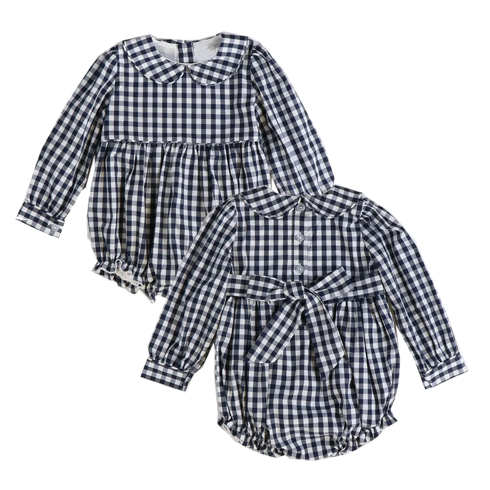 New model black gingham collared baby girl bubble rompers winter long sleeve bow back toddlers new born babi girls clothes