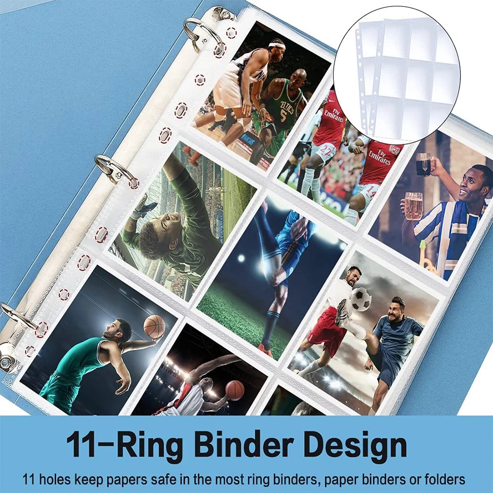 Trading Card Sleeve Pages 9 Pocket Trading Card Storage Album Pages 11 Holes Fit 3 Ring Binder