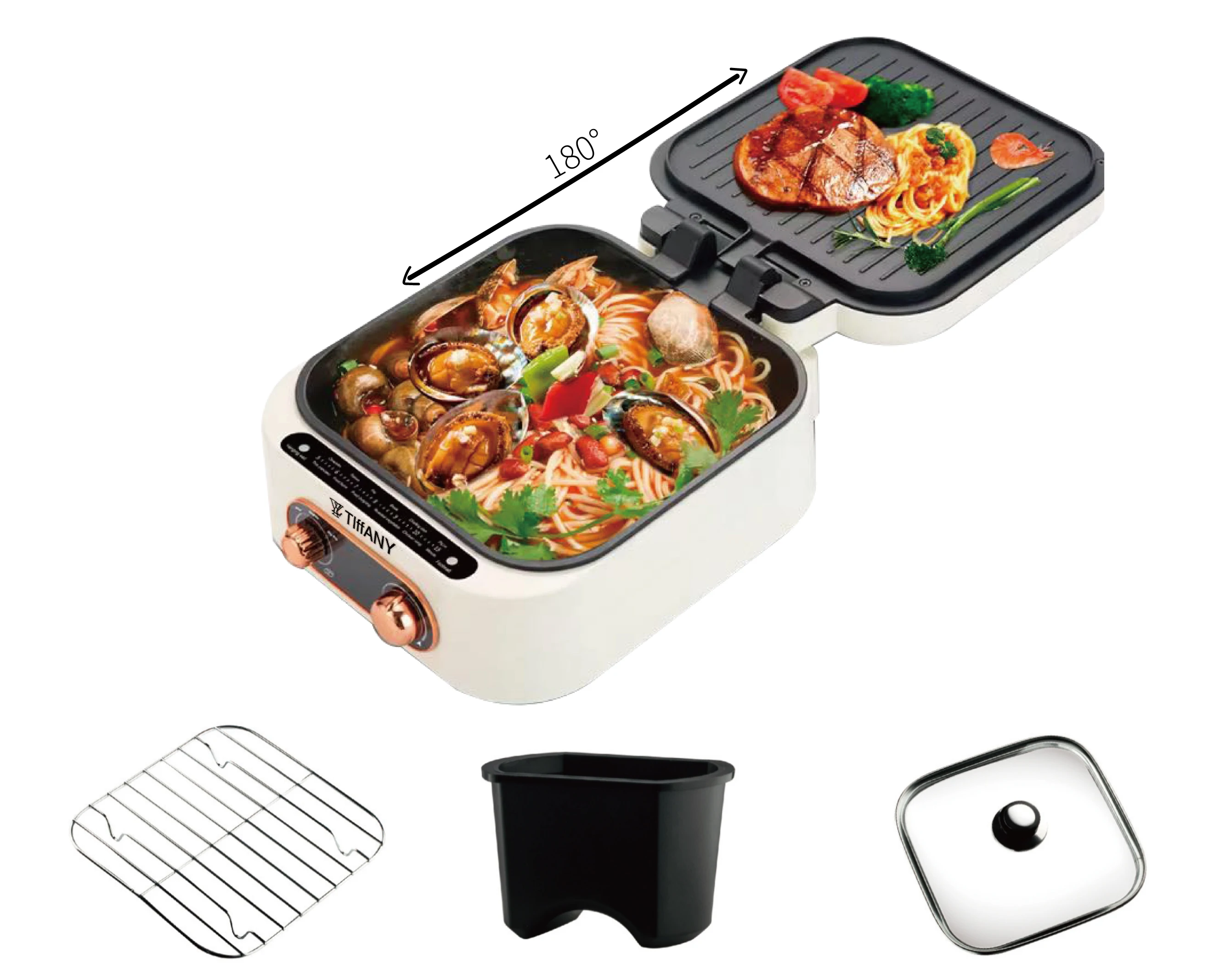 2.5L Multifunctional Double Sided Heating Breakfast Maker Machine Soup Pot Fry Pot Electric Square Tempered Glass 2 Years 4 Pcs