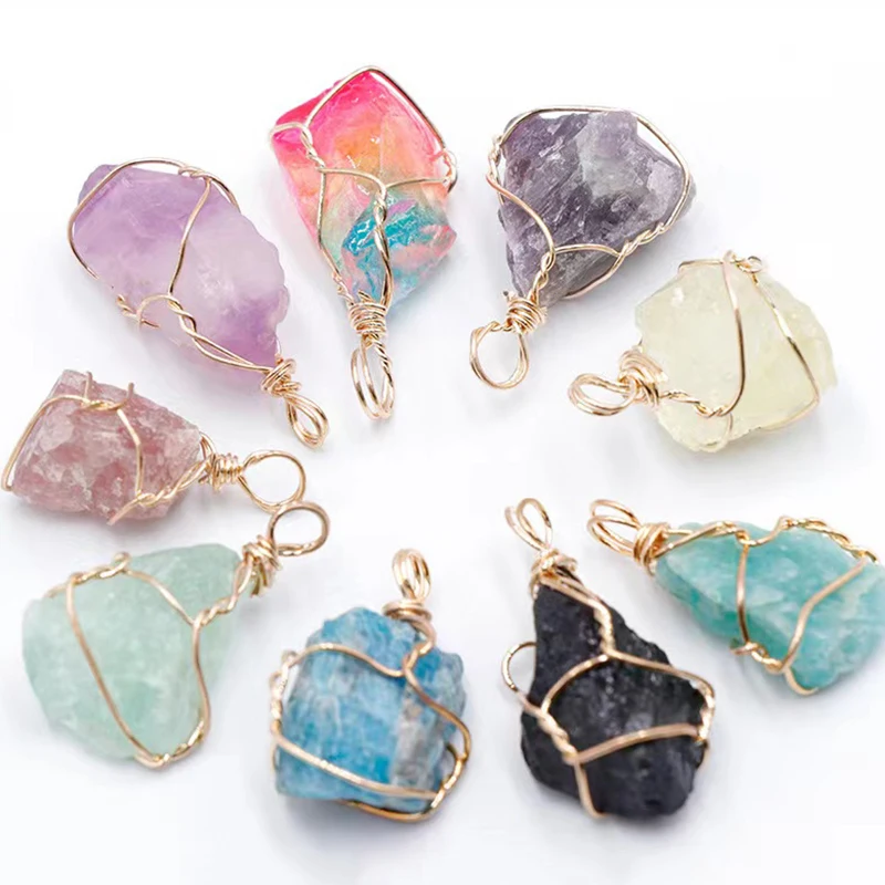 Irregular Gemstone Natural Crystals Healing Stones Wire Wrap Rock Rough Raw Amethyst Rose Quartz Pendant Necklace Jewelry
