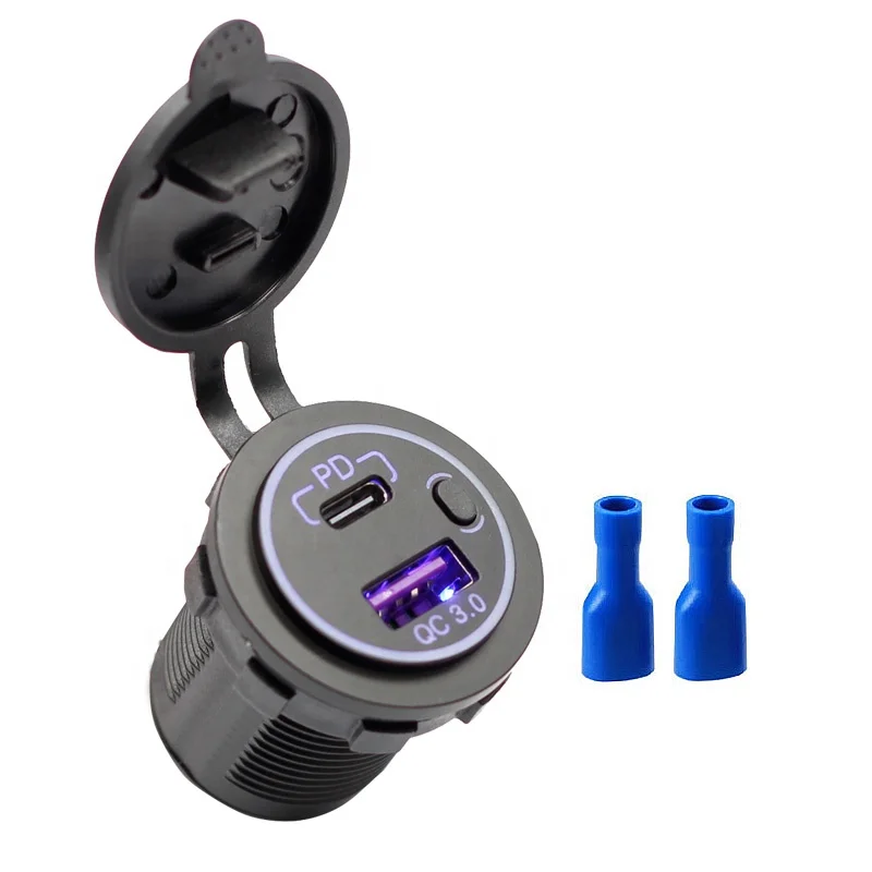 12V 24V ON Off Switch Fast Charging Dual USB Port Type C PD QC3.0 Car Charger