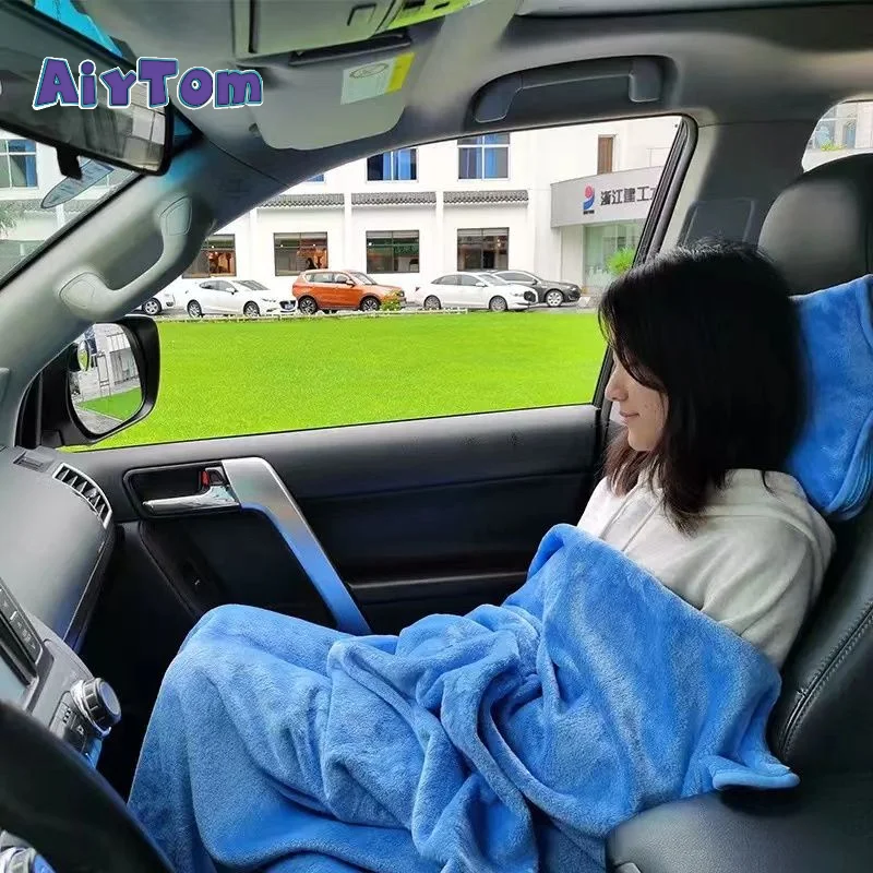 Wholesale coral fleece plaid and solid color 2 in 1 portable blanket and pillow travel throw blanket set for trip