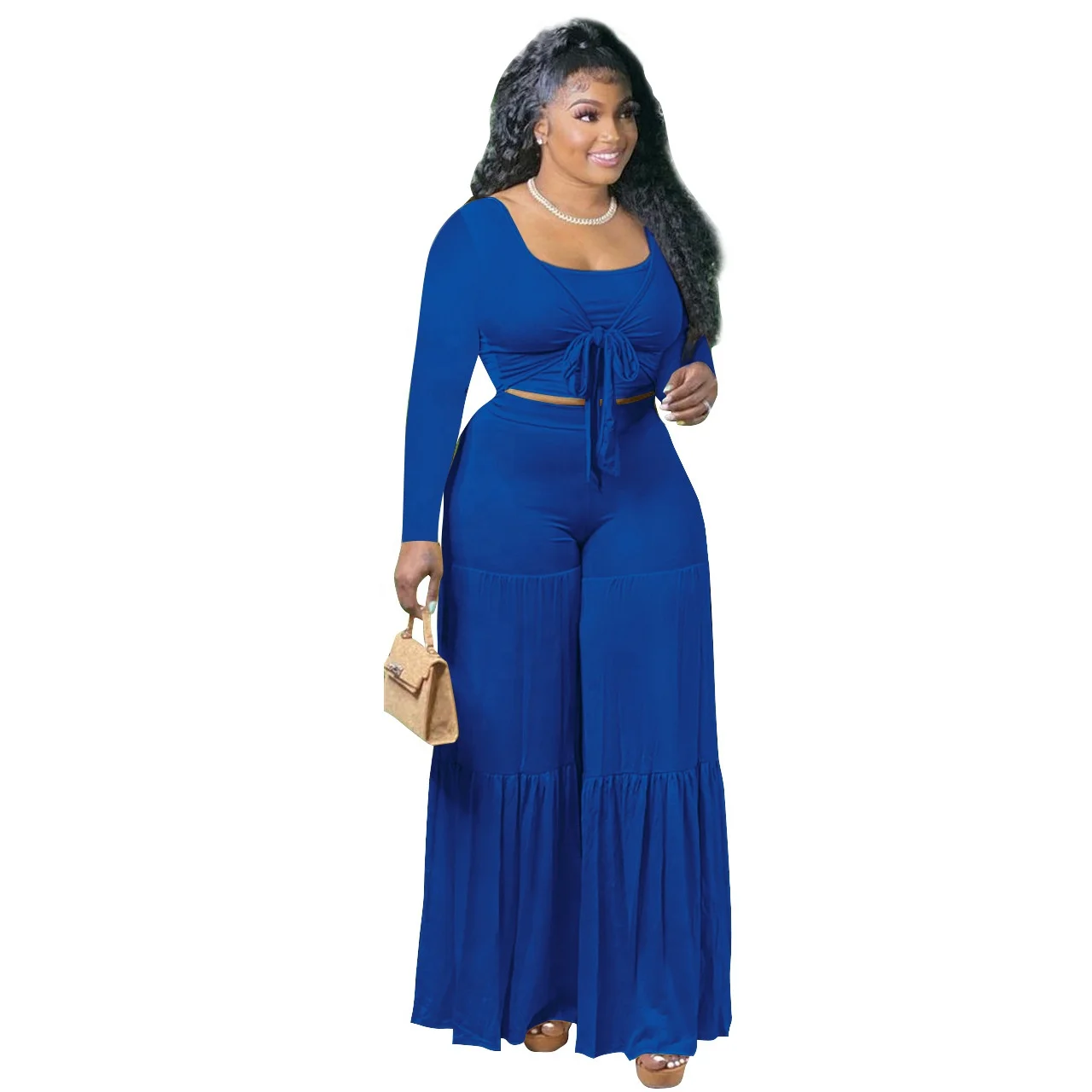 LW Q21S924 Autumn and winter sexy long sleeve bandage wide leg pants two piece set casual  plus size 2 piece pants sets