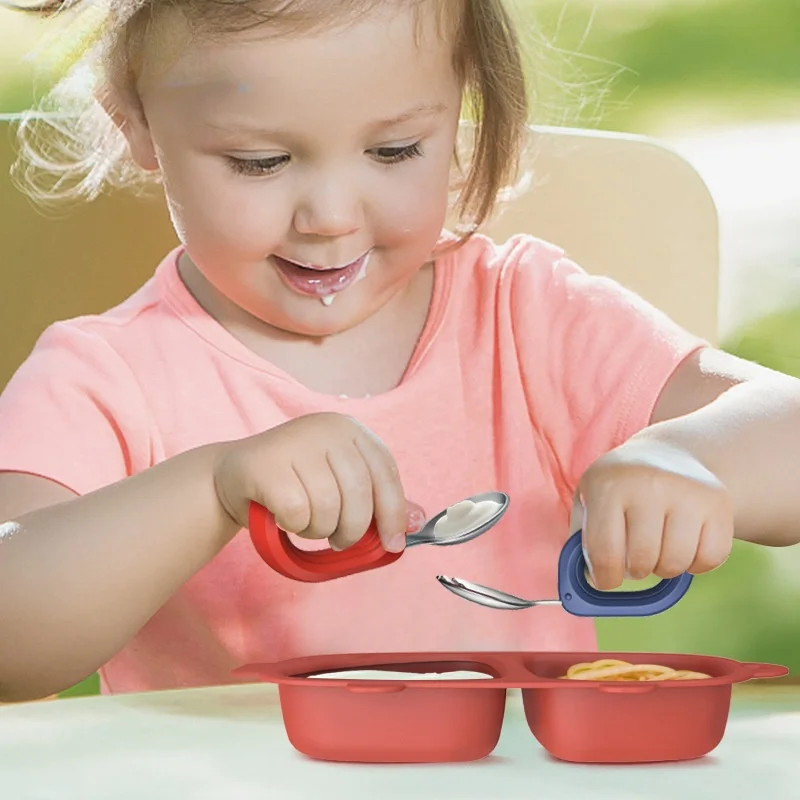 Eco-friendly Stainless Steel Round -handle Spoon and Fork Set Portable Spoon and Fork Set for Baby Kids