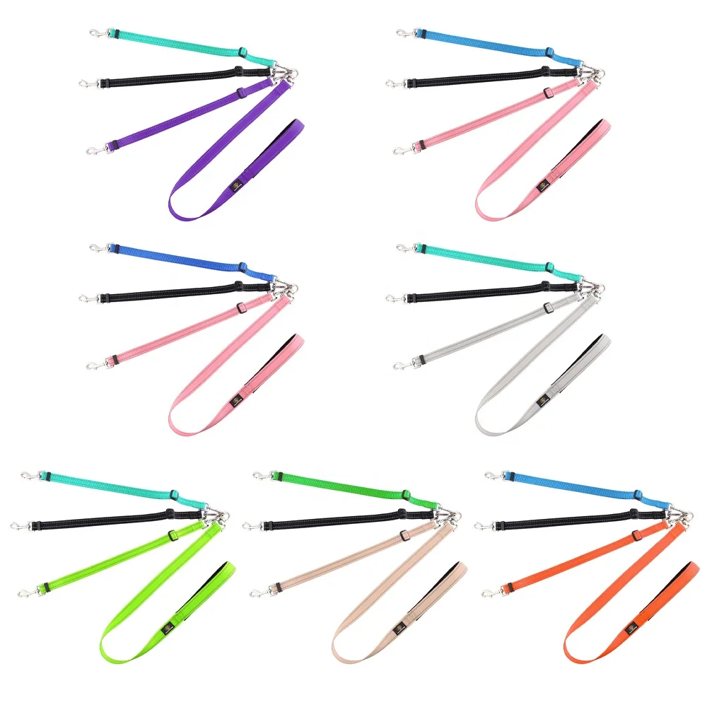 Hot Sales Custom Pet Dog Leash Reflective Strip Design 3 Traction Head Nylon Dog Leash Easy Control 3 Dogs