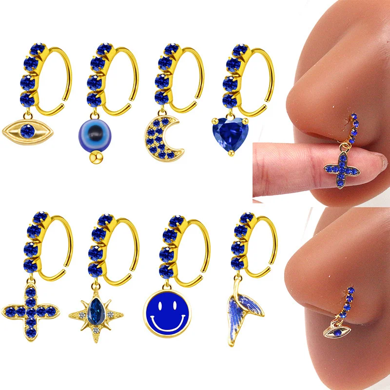 Heart Moon Star Pendent Cute Nose Rings Hoop Blue Purple Rhinestone Body Piercing Jewelry Stainless Steel Nose Ring