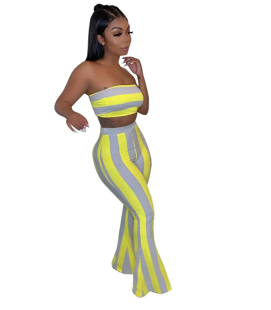 2022 New Arrival 2 Piece Set Women Off Shoulder Wrap Chest Flared Pants Patchwork Colorful Striped Suit For Women